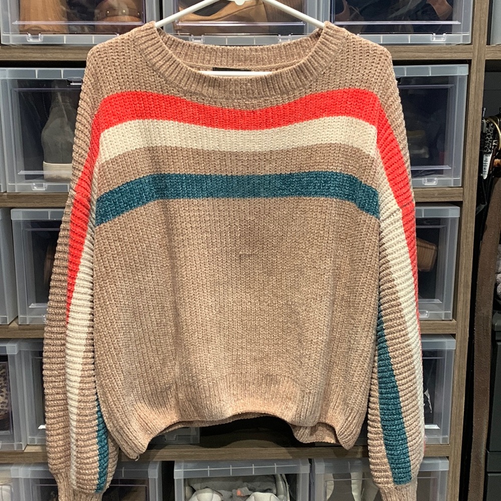 Fate tan sweater with turquoise coral and white stripes. Size medium